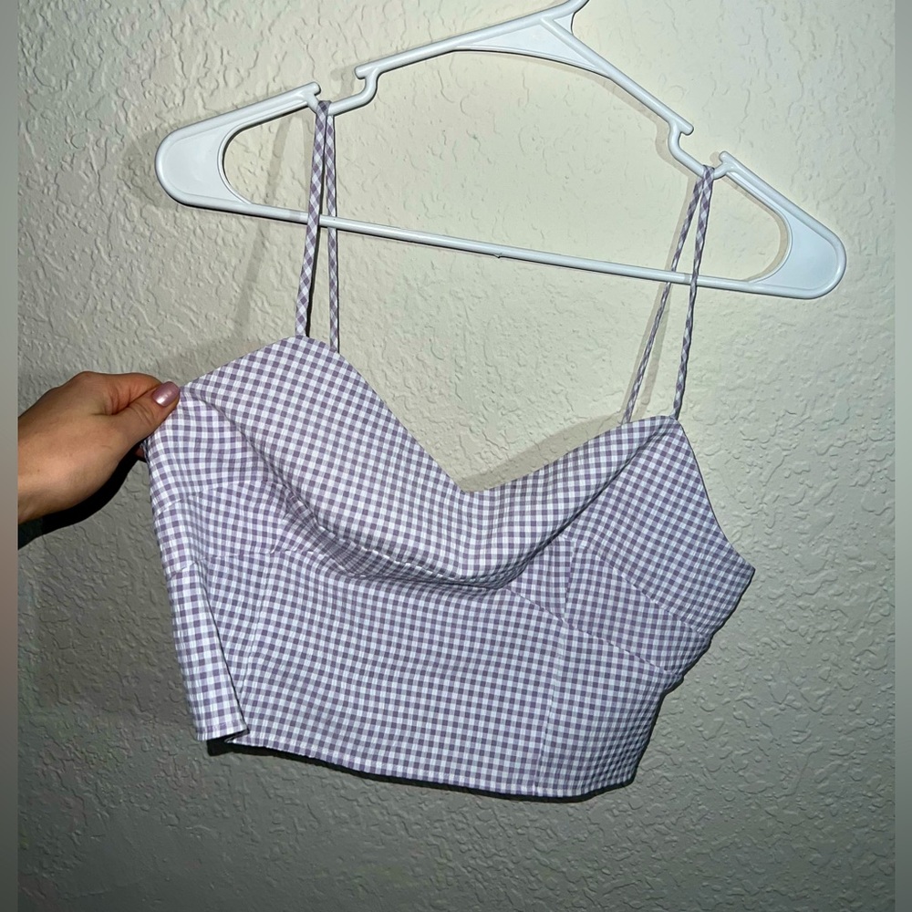 LA Hearts lavender and white checkered crop top.
